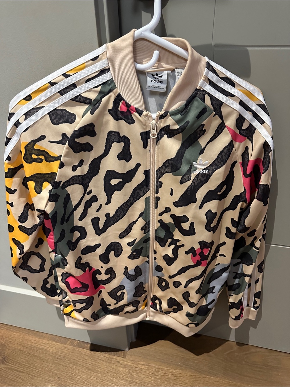 adidas Kids Beige Leopard Print Track Jacket with Multicolor Accents